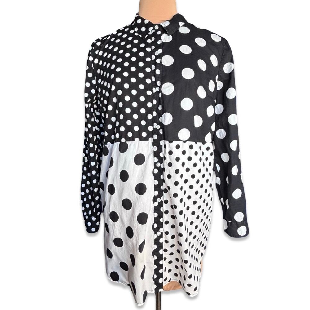C Est 1946 Black White Polka‎ Dot Patchwork Button Front Cotton Shirt Dress XL